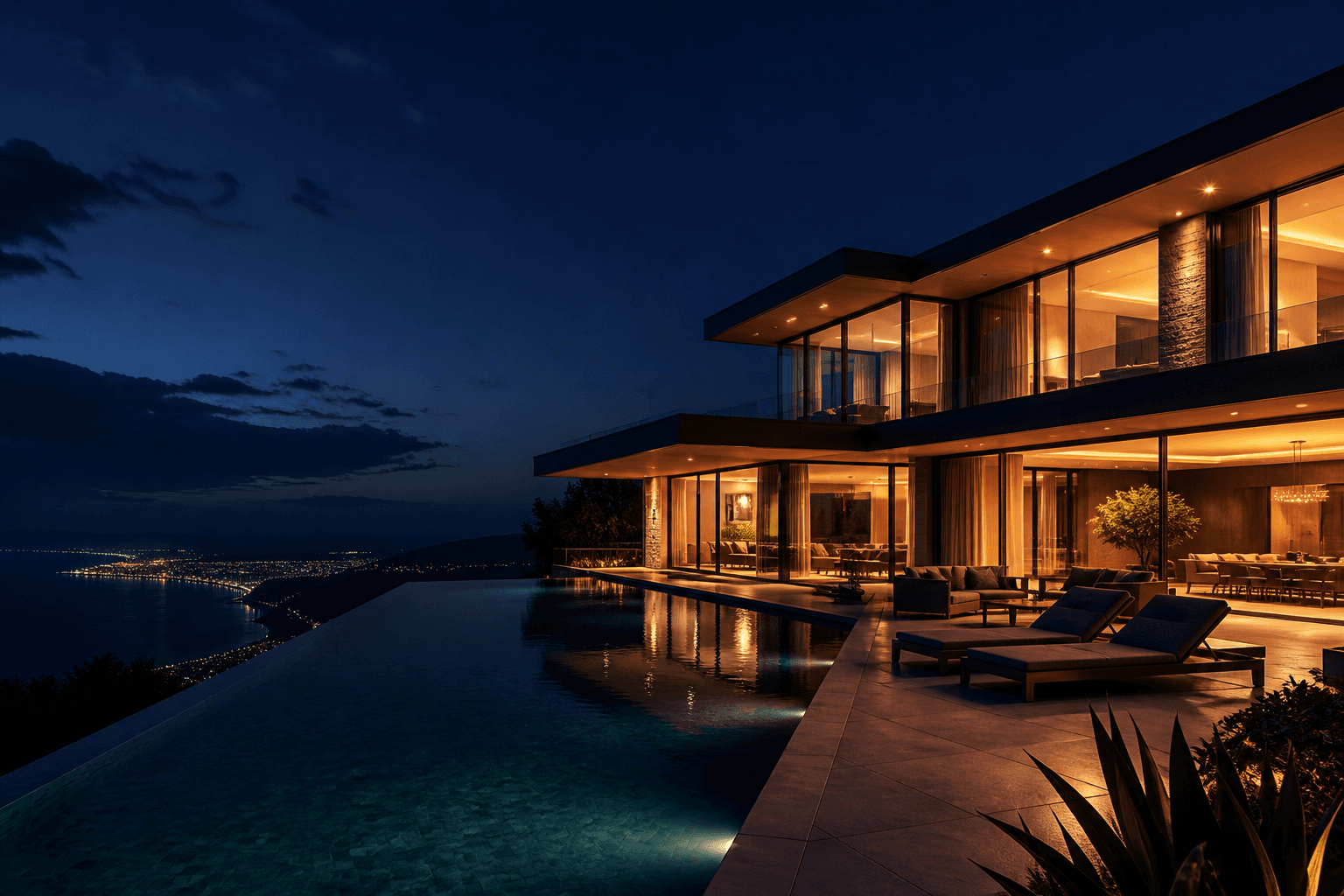 Luxury villa illuminated at night