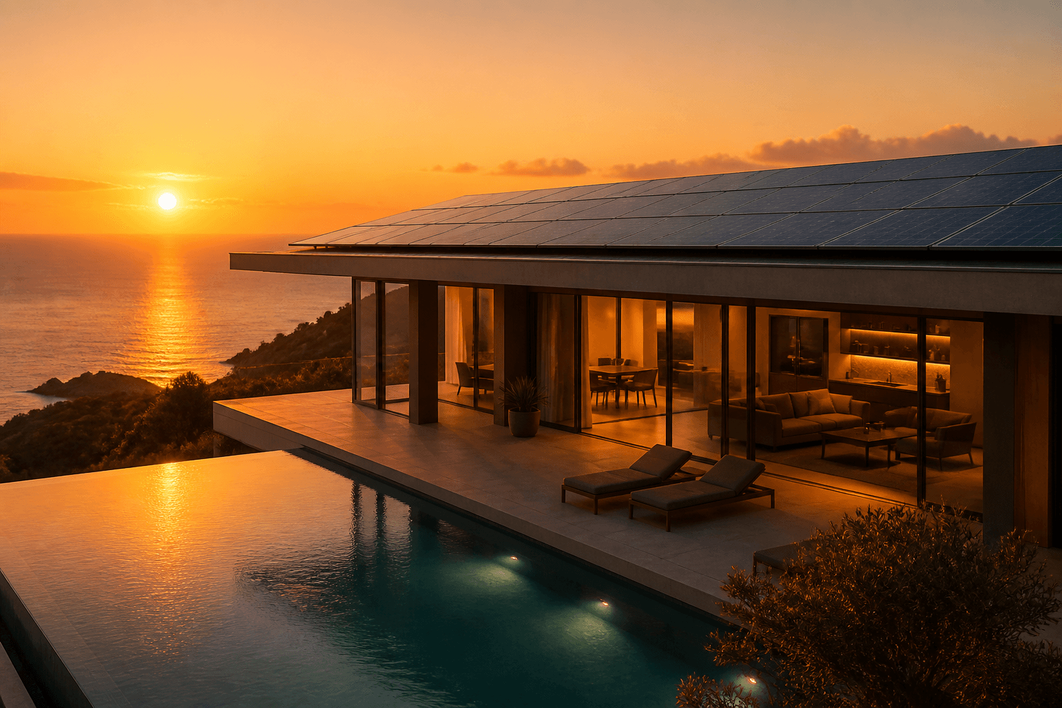 Luxury modern villa with rooftop solar panels under warm sunset light